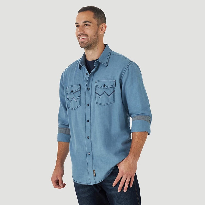 112314961 Retro Modern Fit Blue Denim Western Shirt