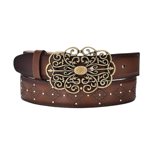 Engraved & Studs Leather Women Honey Belt