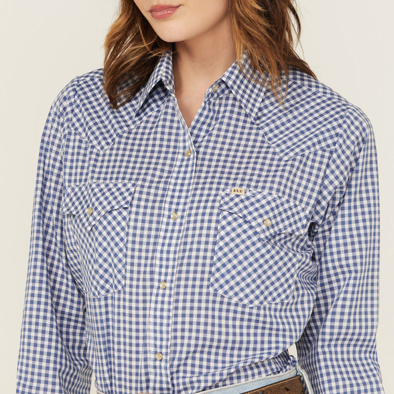 Gingham Print Long Sleeve Pearl Blue Shirt