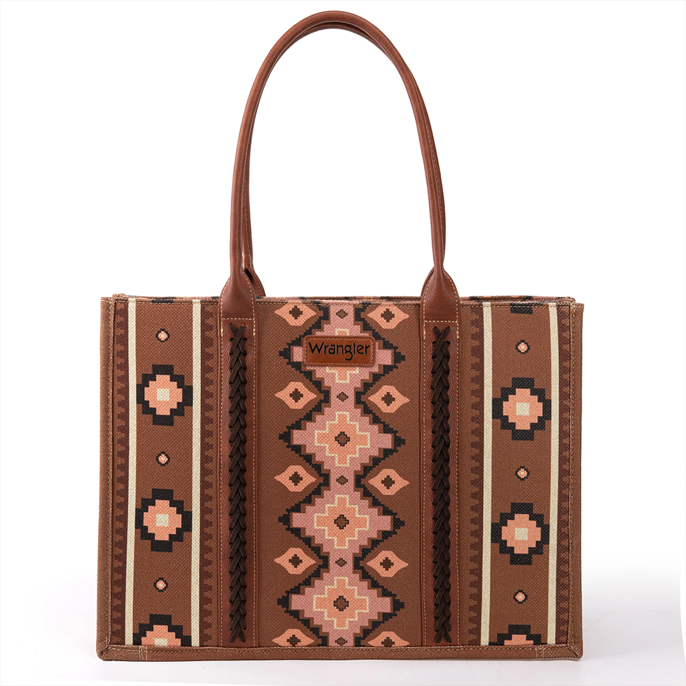 Aztec Southwestern Pattern Print Canvas Dark Brown Tote