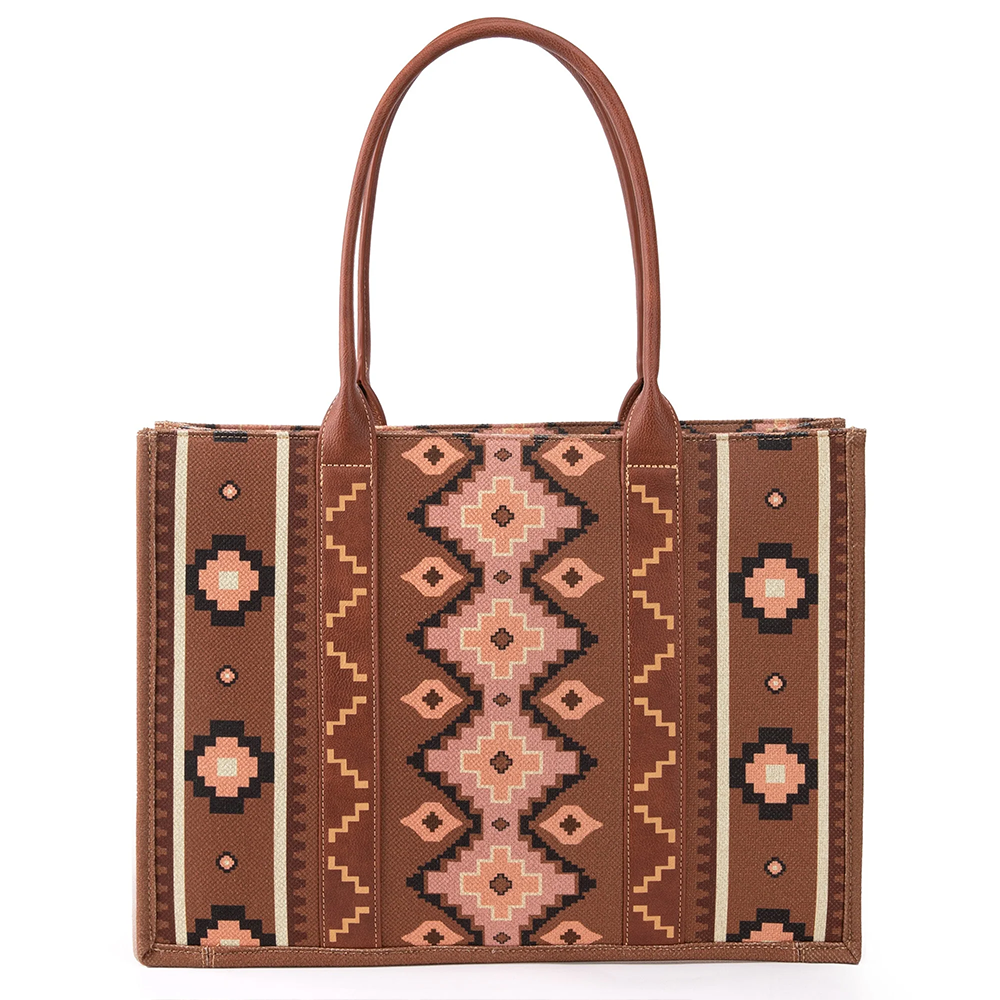 Aztec Southwestern Pattern Print Canvas Dark Brown Tote