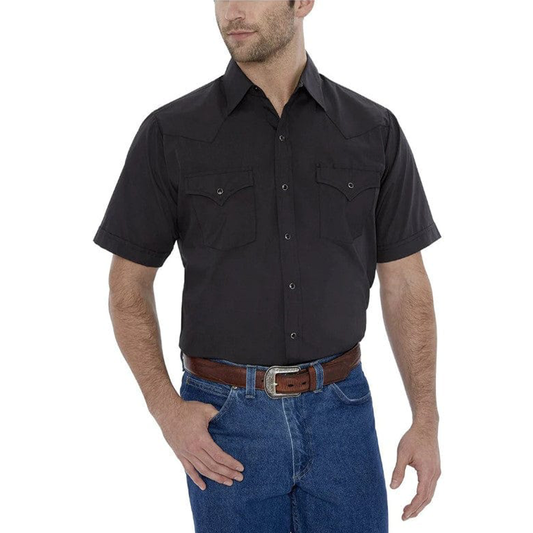 Black Short Sleeve Solid Western Shirt