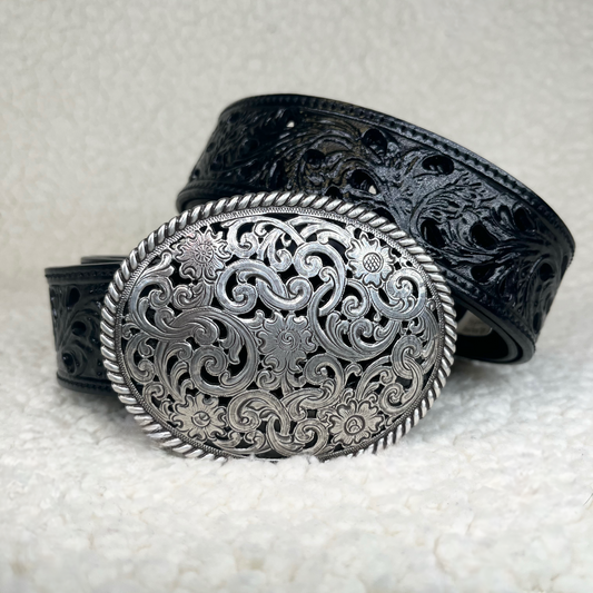 Black Pierced Filigree Trophy Belt | C50023