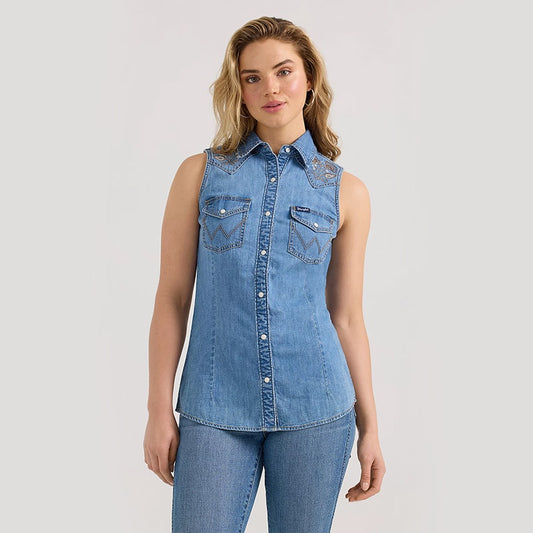 Denim Sleeveless Snap Shirt