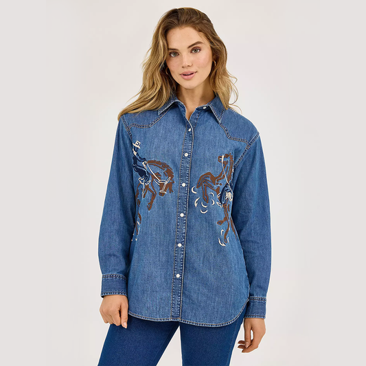 Embroidered Horses Boyfriend Western Snap Shirt