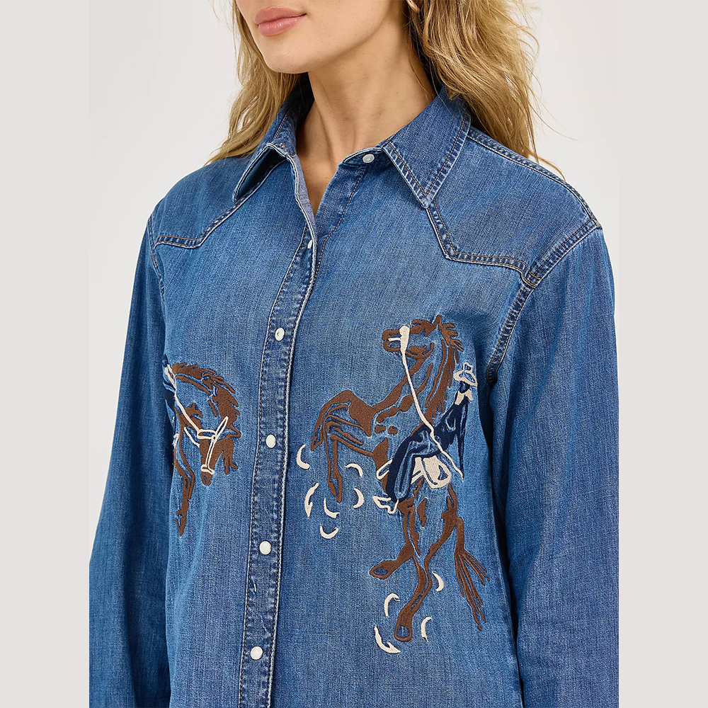 Embroidered Horses Boyfriend Western Snap Shirt