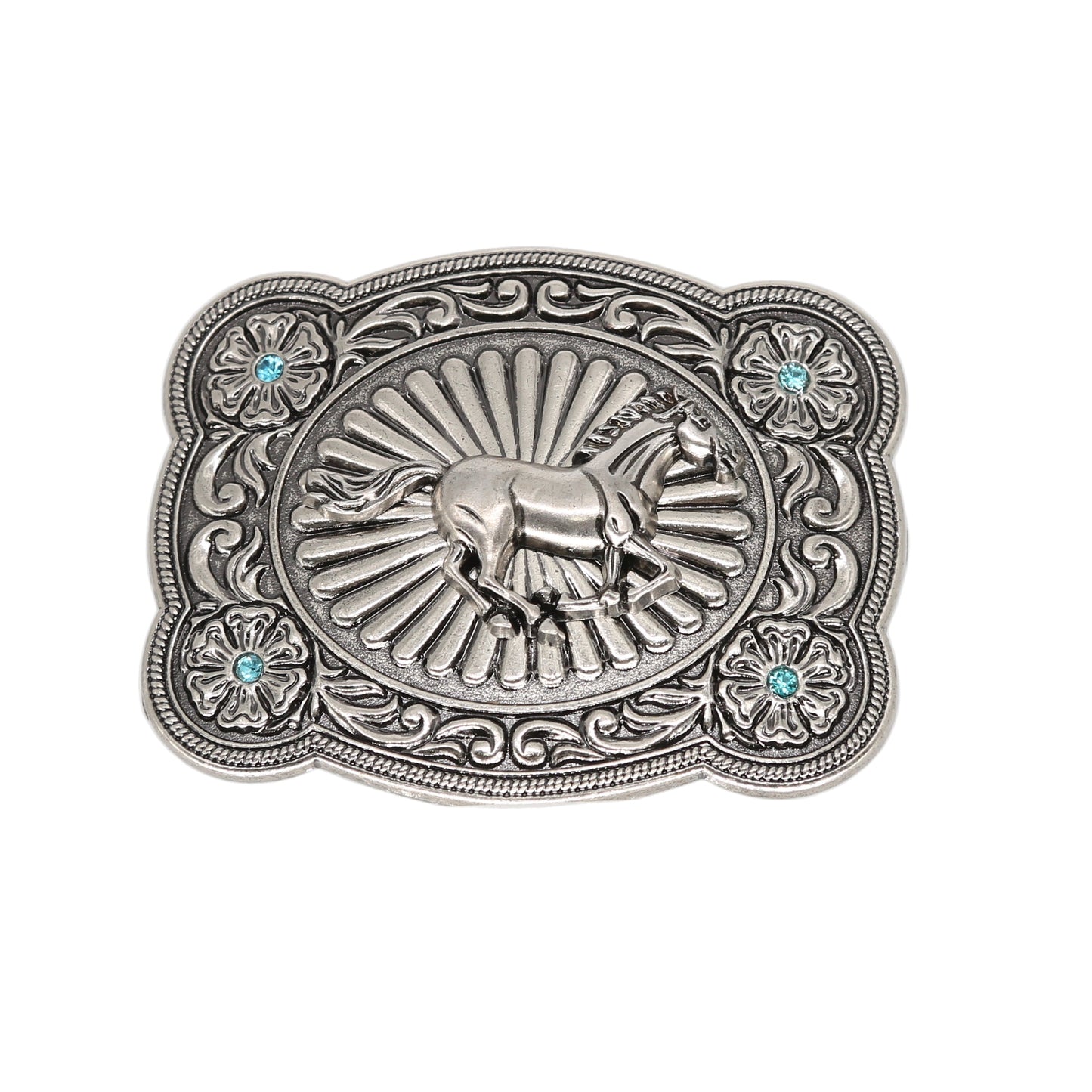 Silver belt buckle with intricate design on a white background