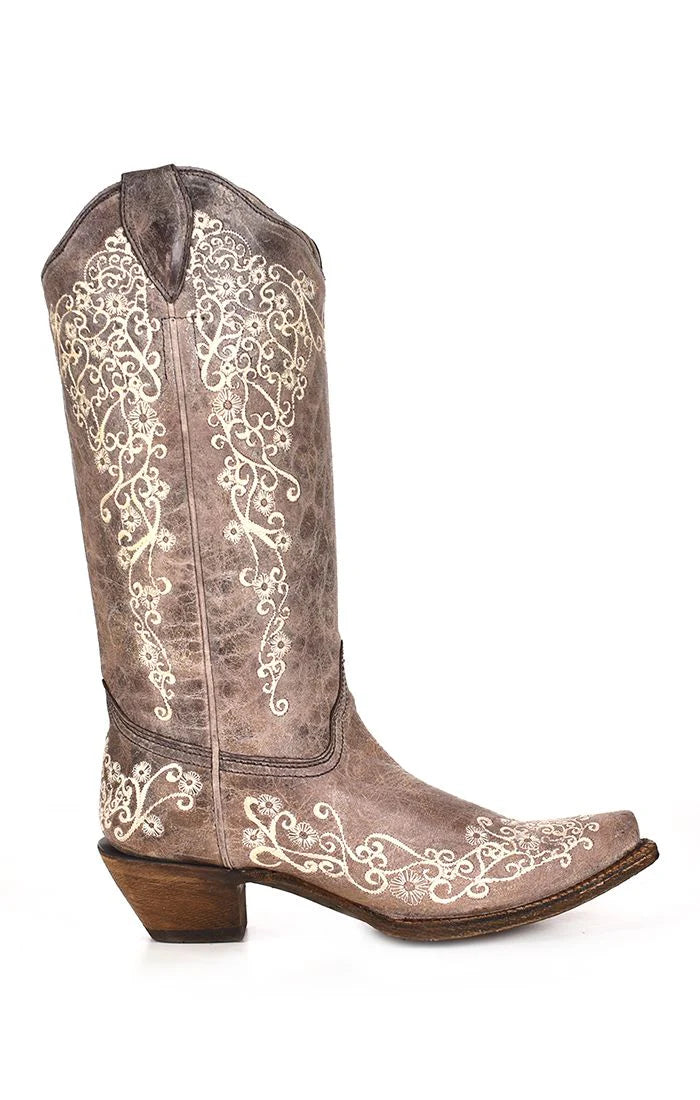 Brown Bone Embroidery Boots | A1094