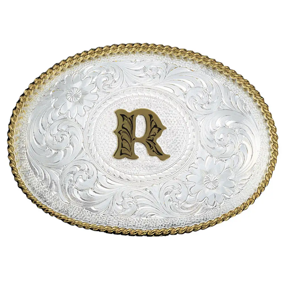 A to Z Initial Silver Engraved Gold Trim Western Belt Buckle | 700