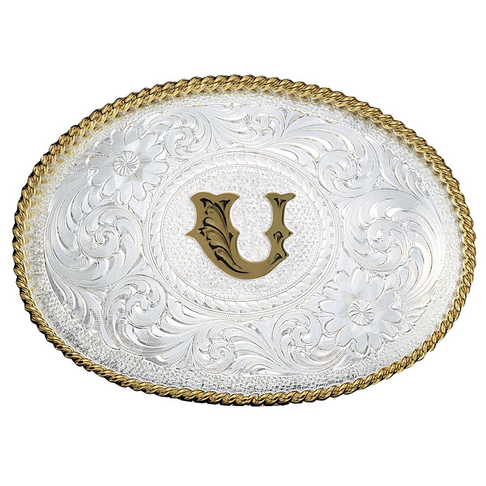 A to Z Initial Silver Engraved Gold Trim Western Belt Buckle | 700