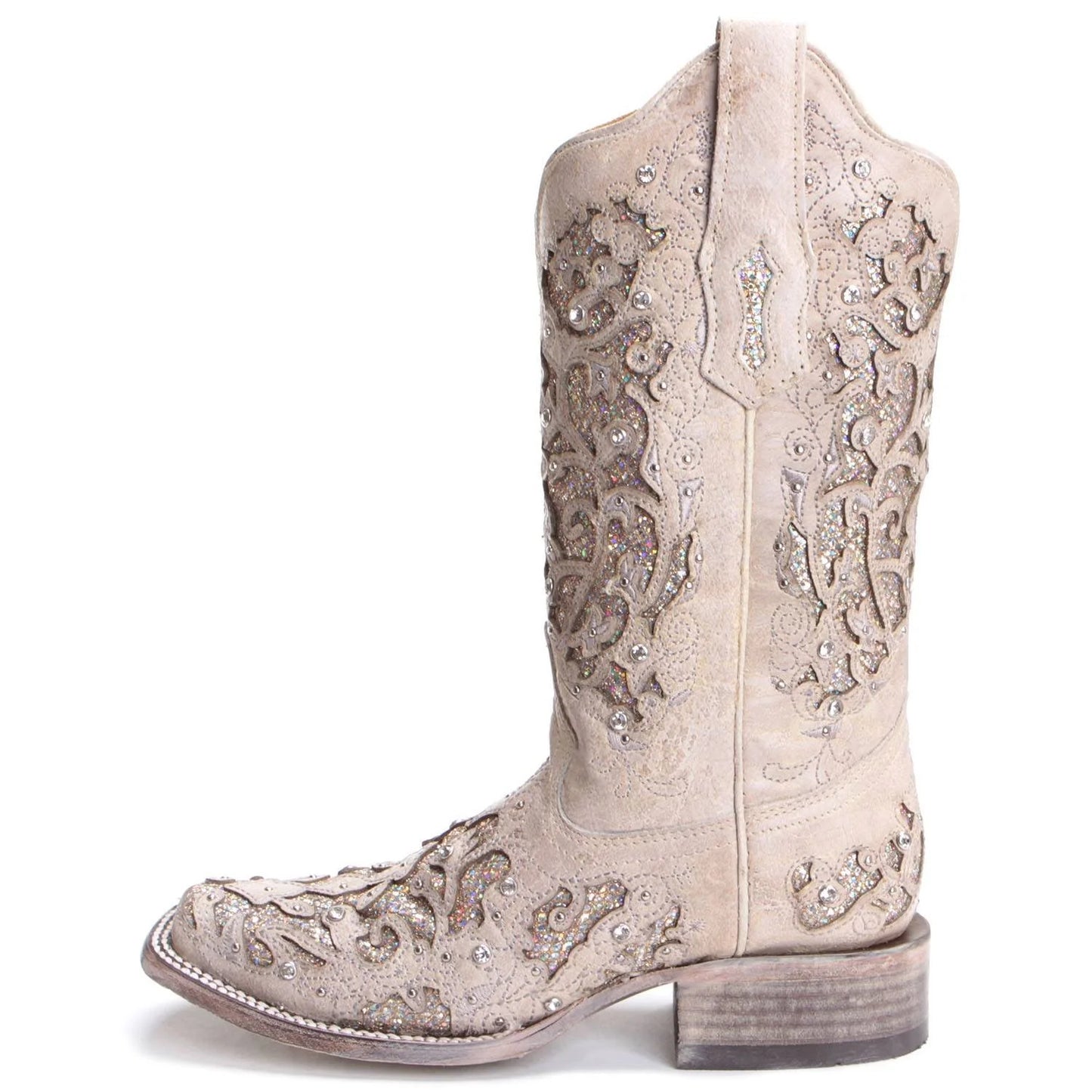 White Glitter Inlay Square Toe Boots | A3397