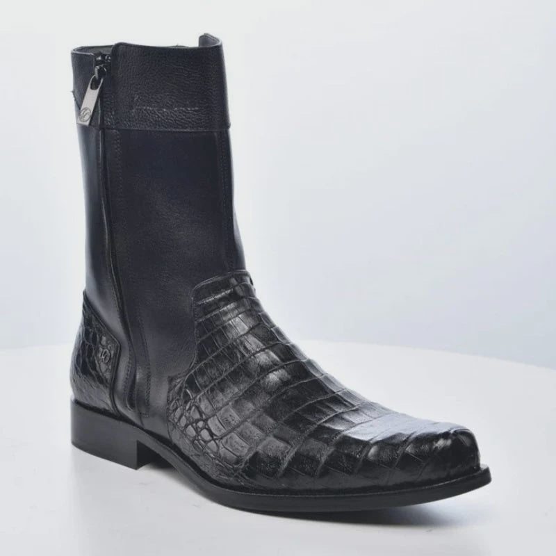 Caiman Round Toe Black Zipper Boots