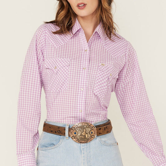 Gingham Print Long Sleeve Pearl Pink Shirt