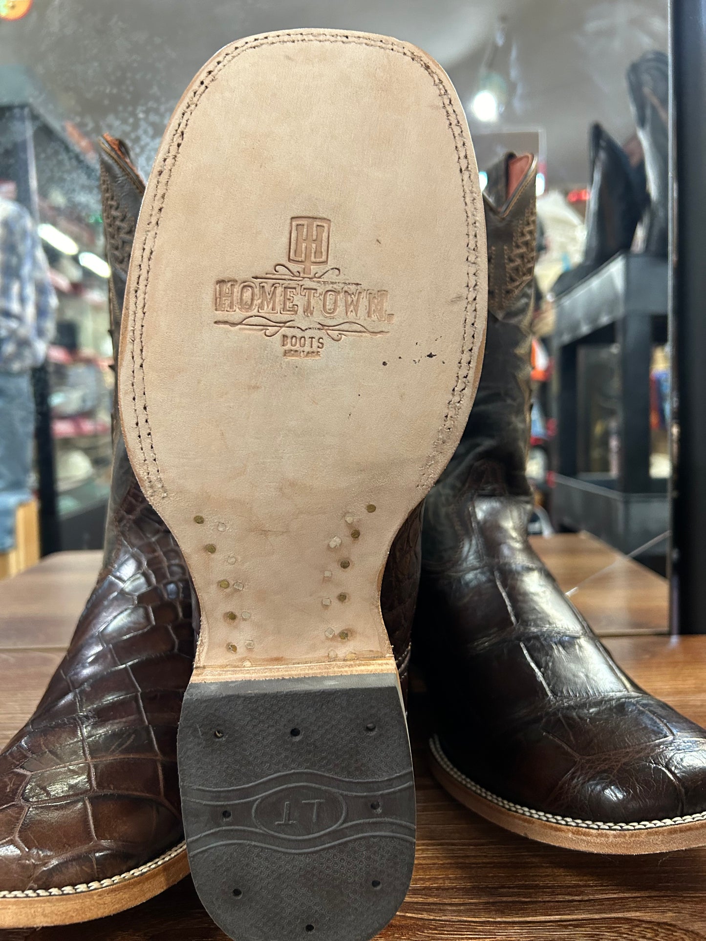 HomeTown  Alligator Belly-Chocolate Square-Toe Boots