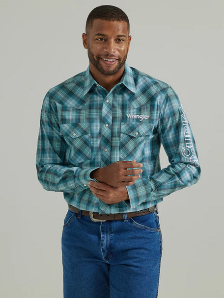 Wrangler Logo Western Snap Shirt - Turquoise | 112330339