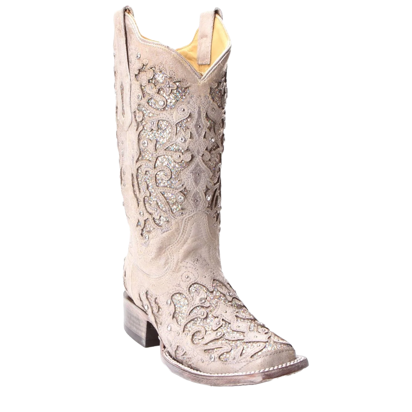 White Glitter Inlay Square Toe Boots | A3397