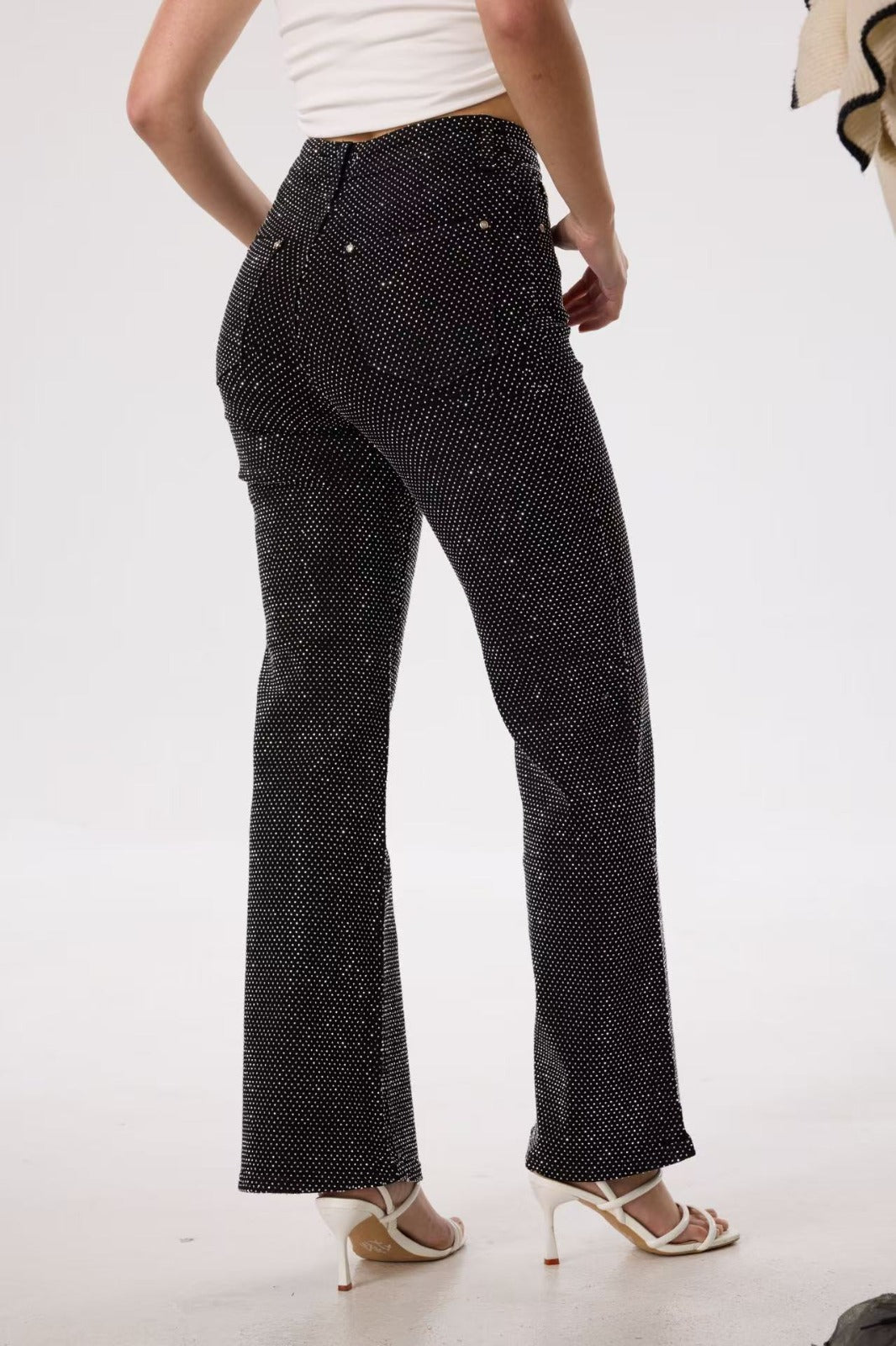 White Rhinestone Black Jeans