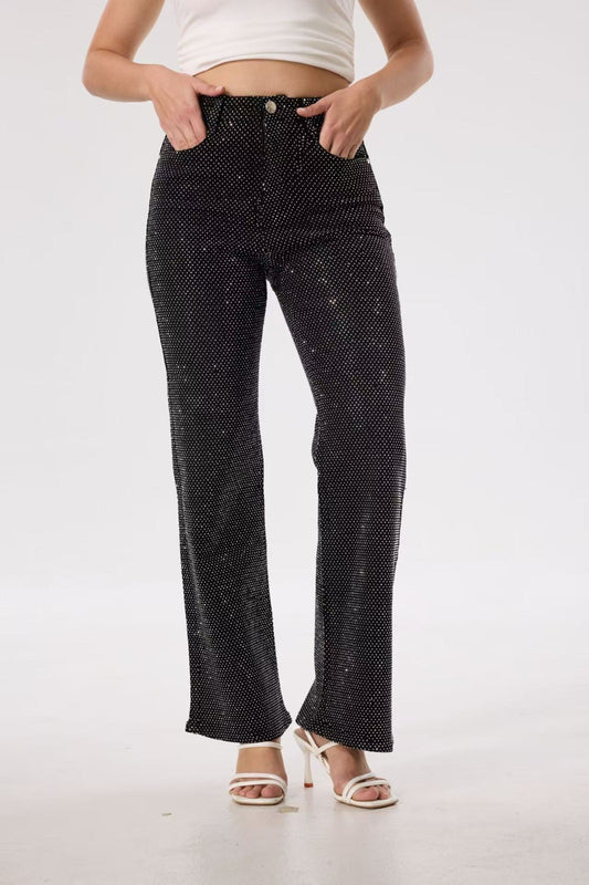 White Rhinestone Black Jeans