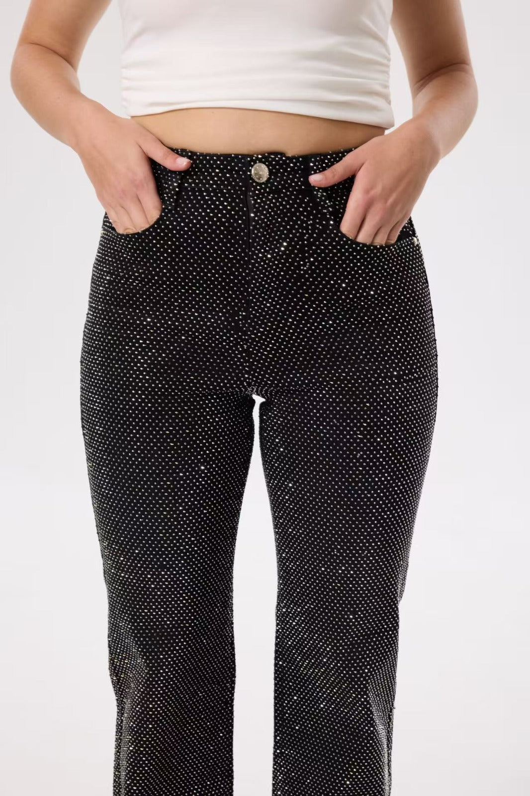 White Rhinestone Black Jeans