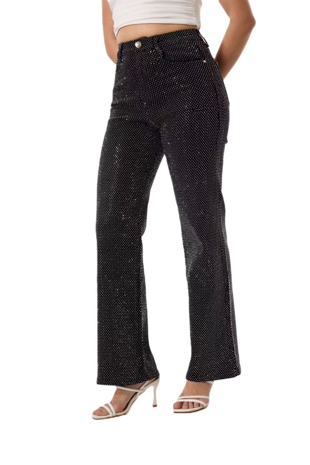 White Rhinestone Black Jeans