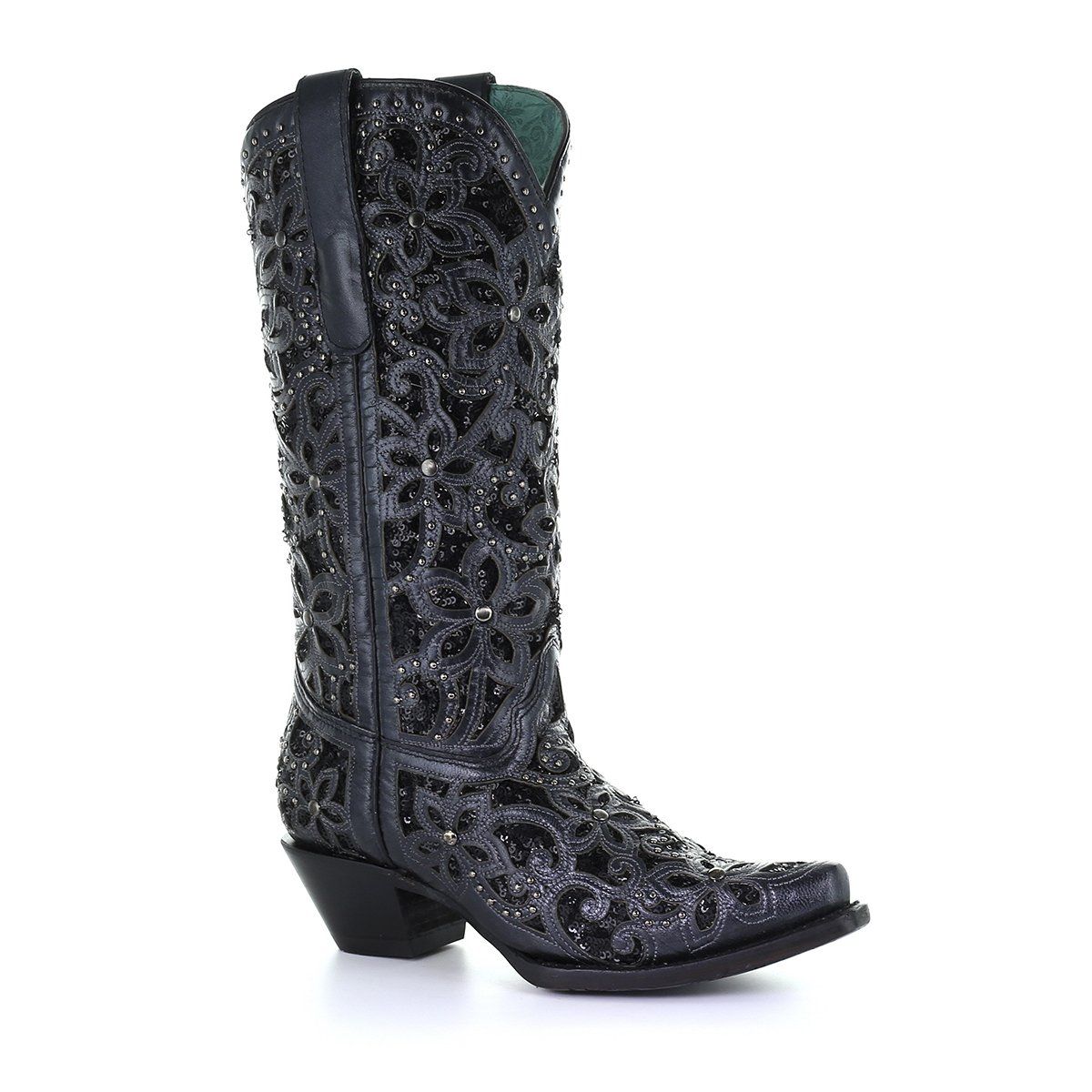 Black Floral Embroidered Glitter Inlay Snip Toe Western Boot | A3752