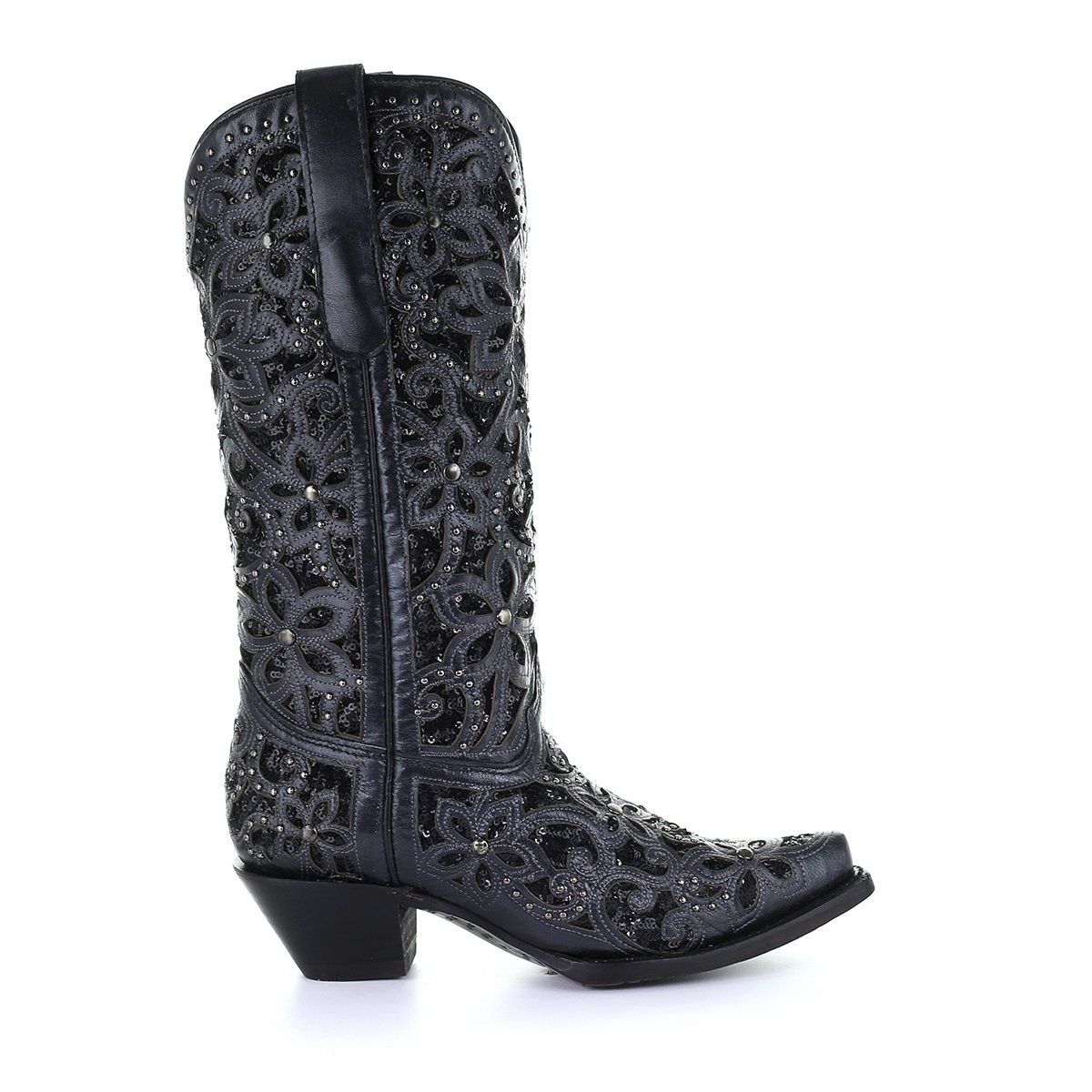 Black Floral Embroidered Glitter Inlay Snip Toe Western Boot | A3752