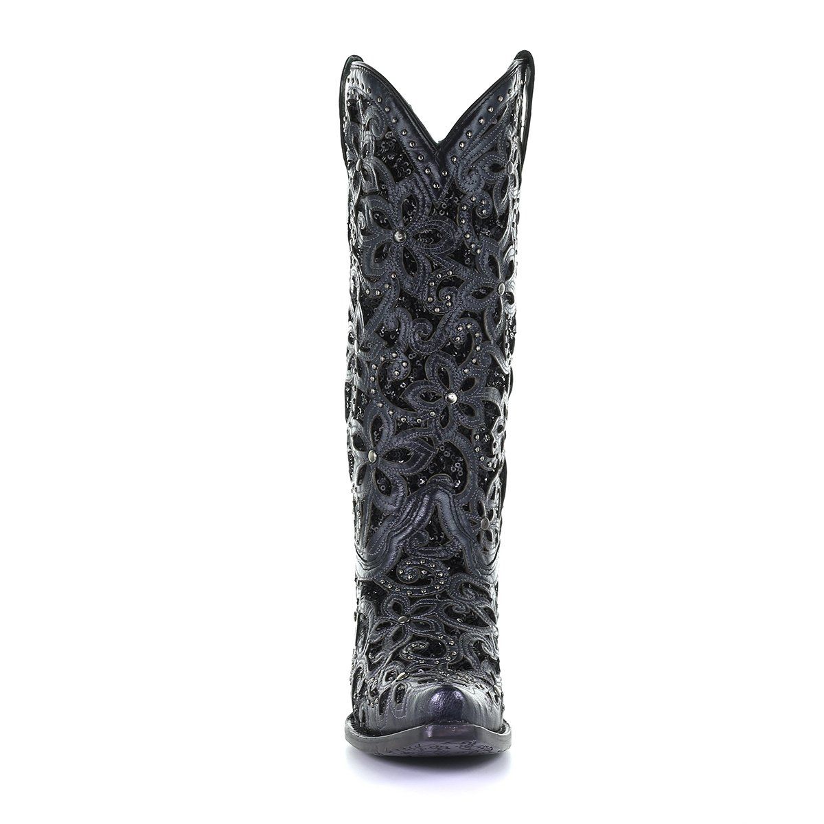 Black Floral Embroidered Glitter Inlay Snip Toe Western Boot | A3752