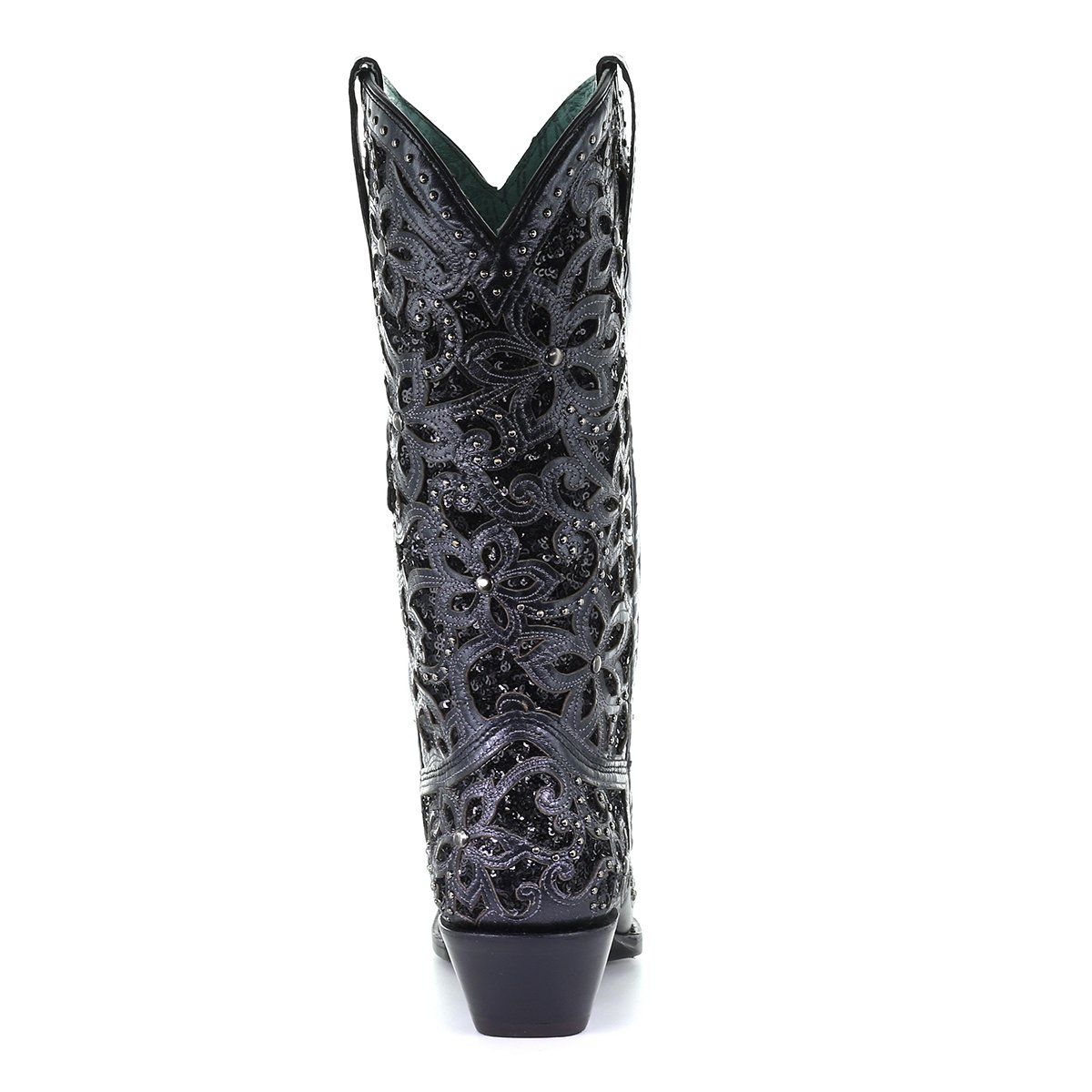 Black Floral Embroidered Glitter Inlay Snip Toe Western Boot | A3752