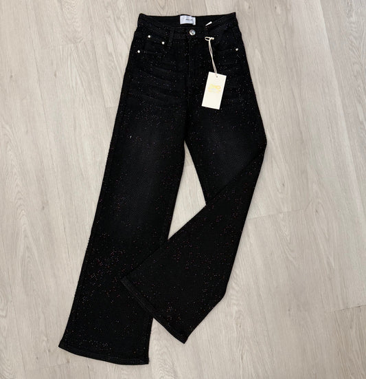 Rhinestone Black Jeans W-137