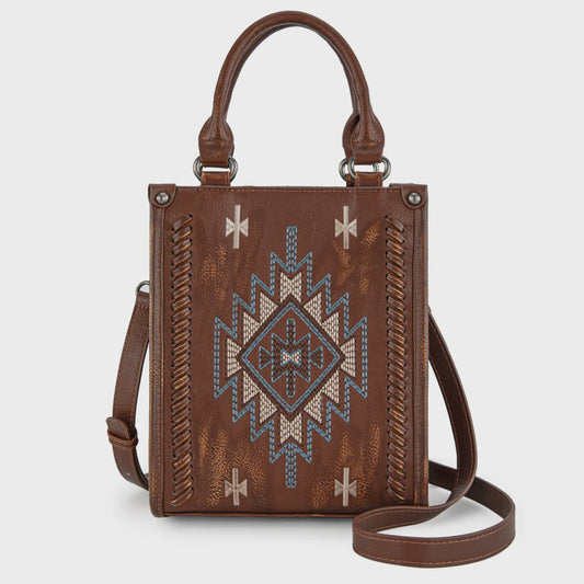 Embroidered Aztec Small Tote/Crossbody - Brown