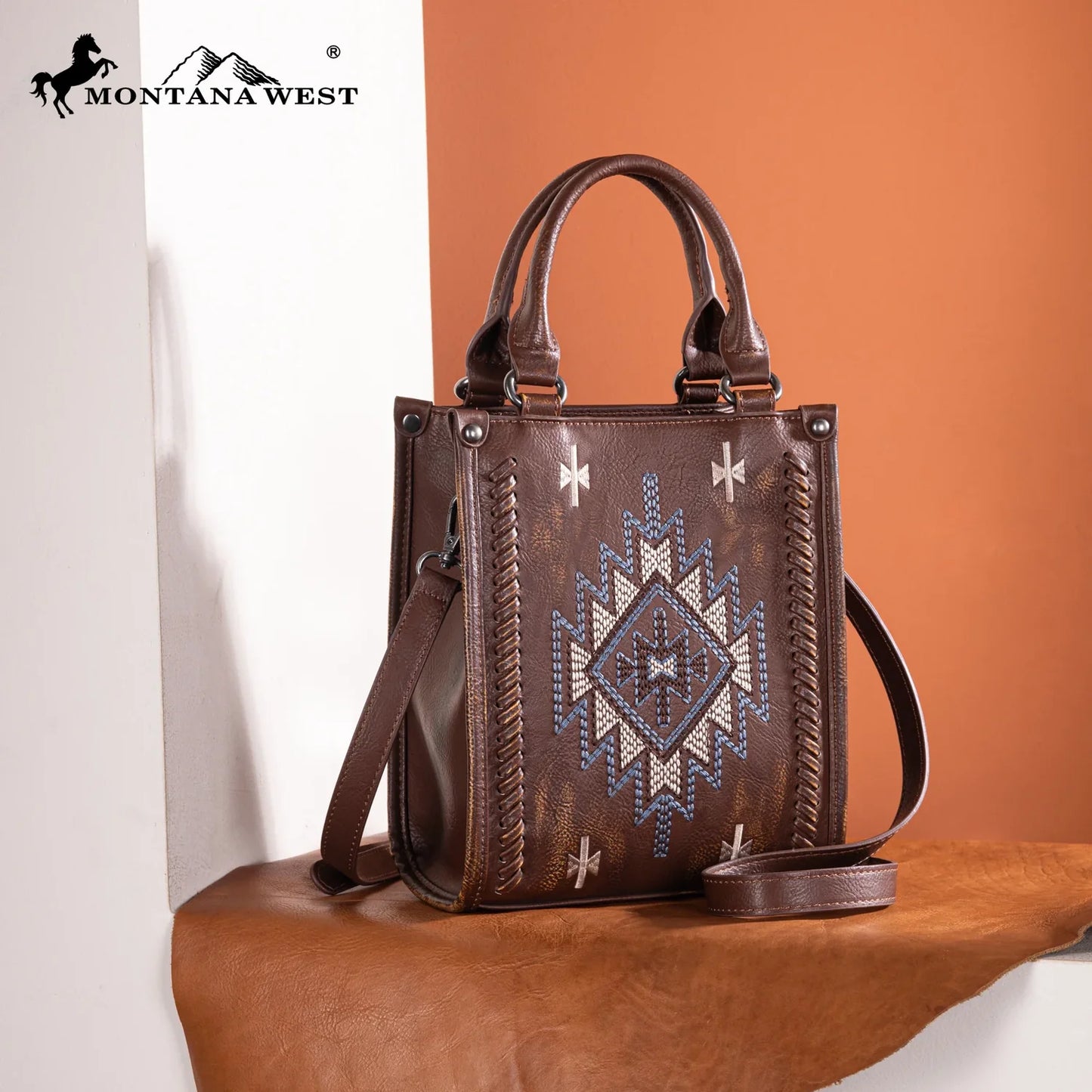 Embroidered Aztec Small Tote/Crossbody - Brown