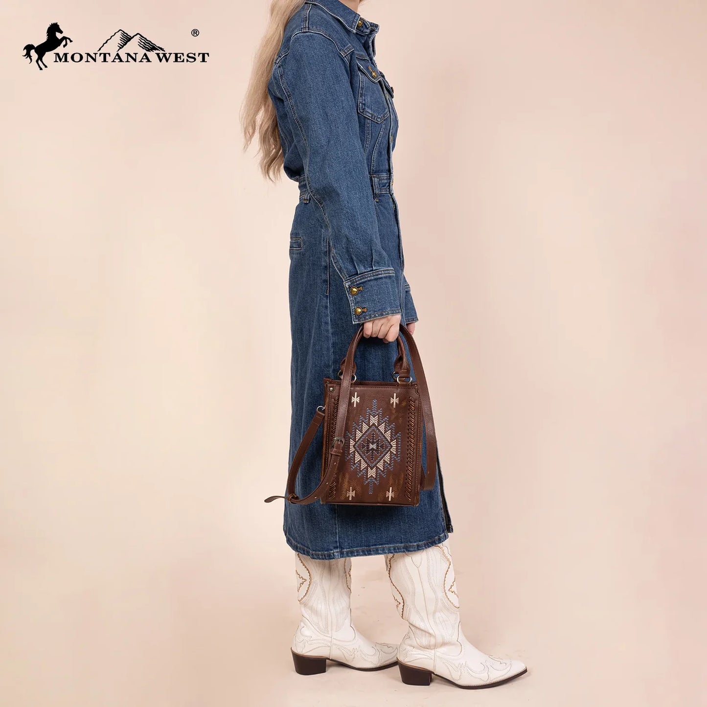 Embroidered Aztec Small Tote/Crossbody - Brown